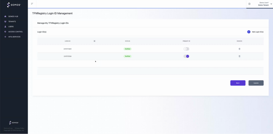 Manage TFNRegistry Login IDs