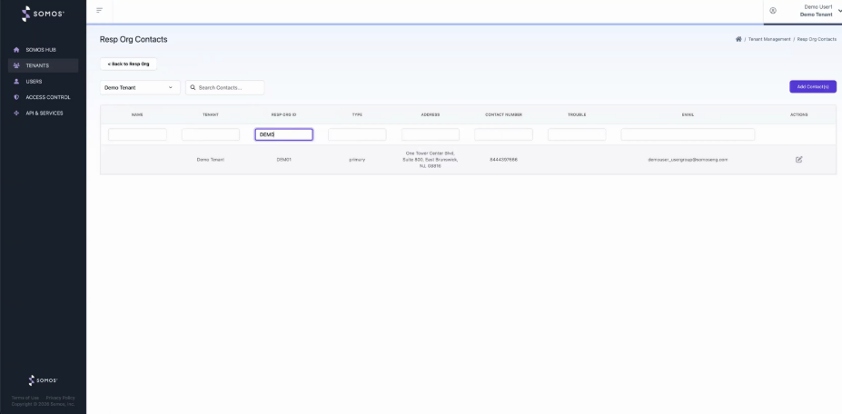 View contacts for a Resp Org