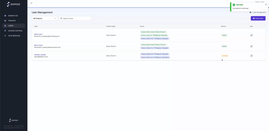 View the invited user in Pending status