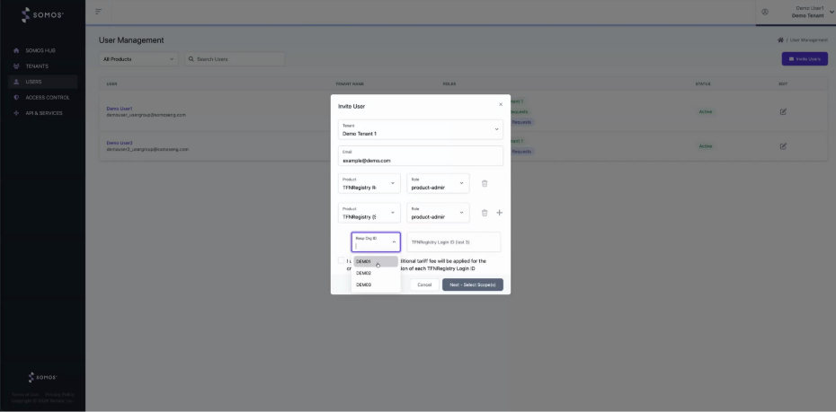 Enter TFNRegistry-specific access information